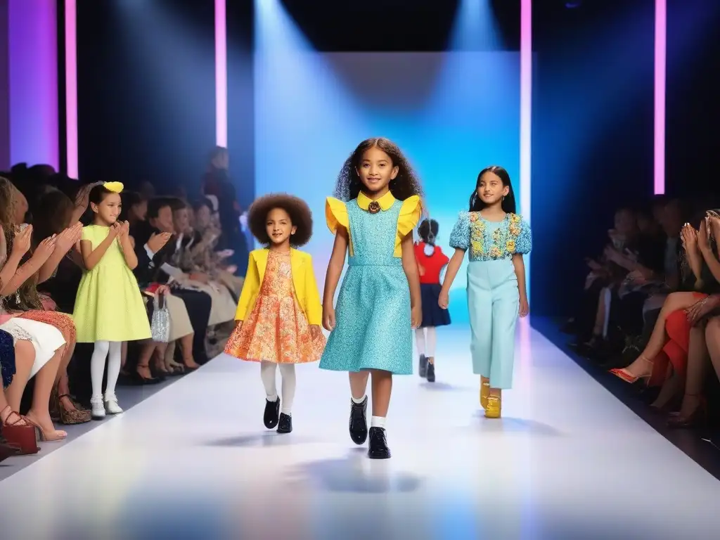 Desfile de moda infantil: niños diversos desfilan con alegría en la pasarela, público aplaudiendo