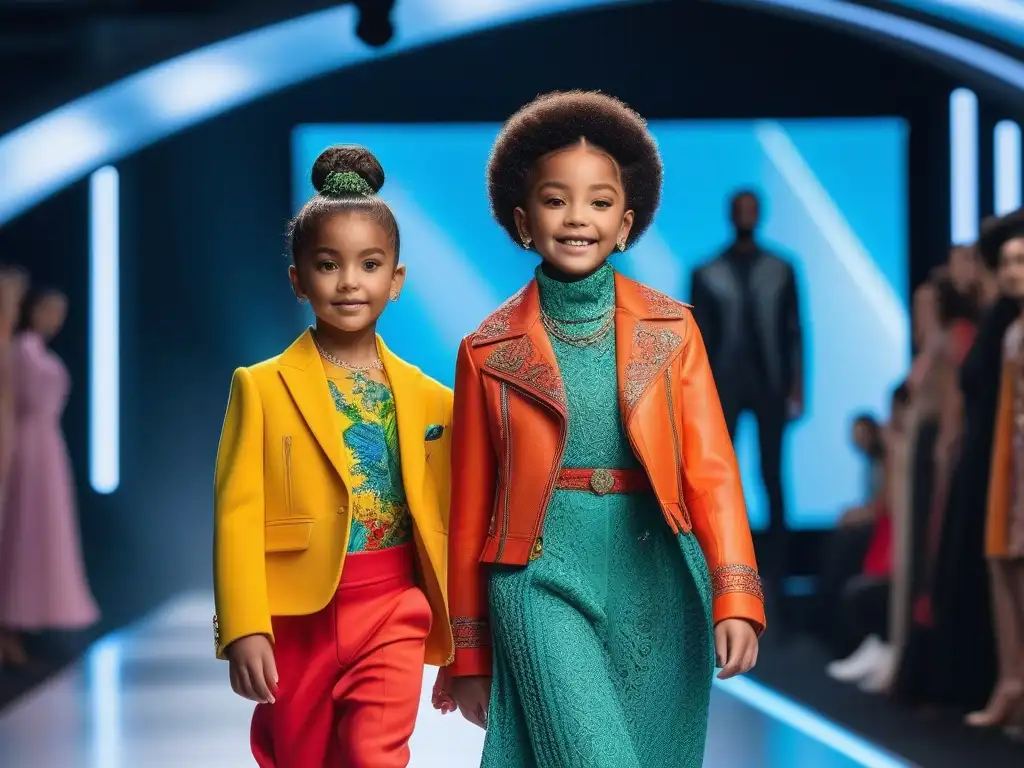 Desfile de moda infantil con tallas pequeñas y diversidad de estilos en una pasarela futurista y vibrante