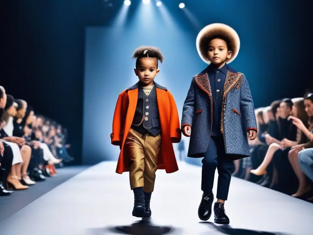 Desfile de moda infantil: tendencias innovadoras y diversidad étnica Un desfile de moda infantil tendencias predicciones: niños seguros y estilosos muestran innovadores diseños en una pasarela iluminada y moderna