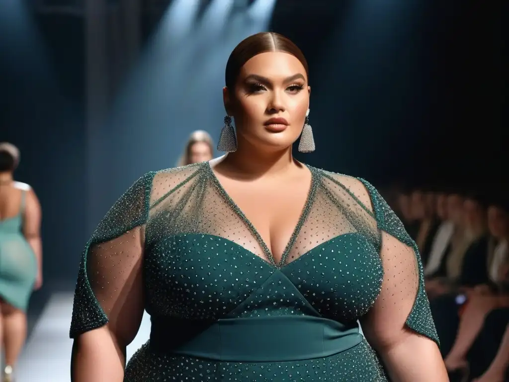 Desfile de modelos plussize: moda inclusiva y empoderadora Desfile de moda plus size con innovaciones tendencias, modelos seguras y empoderadas en pasarela iluminada