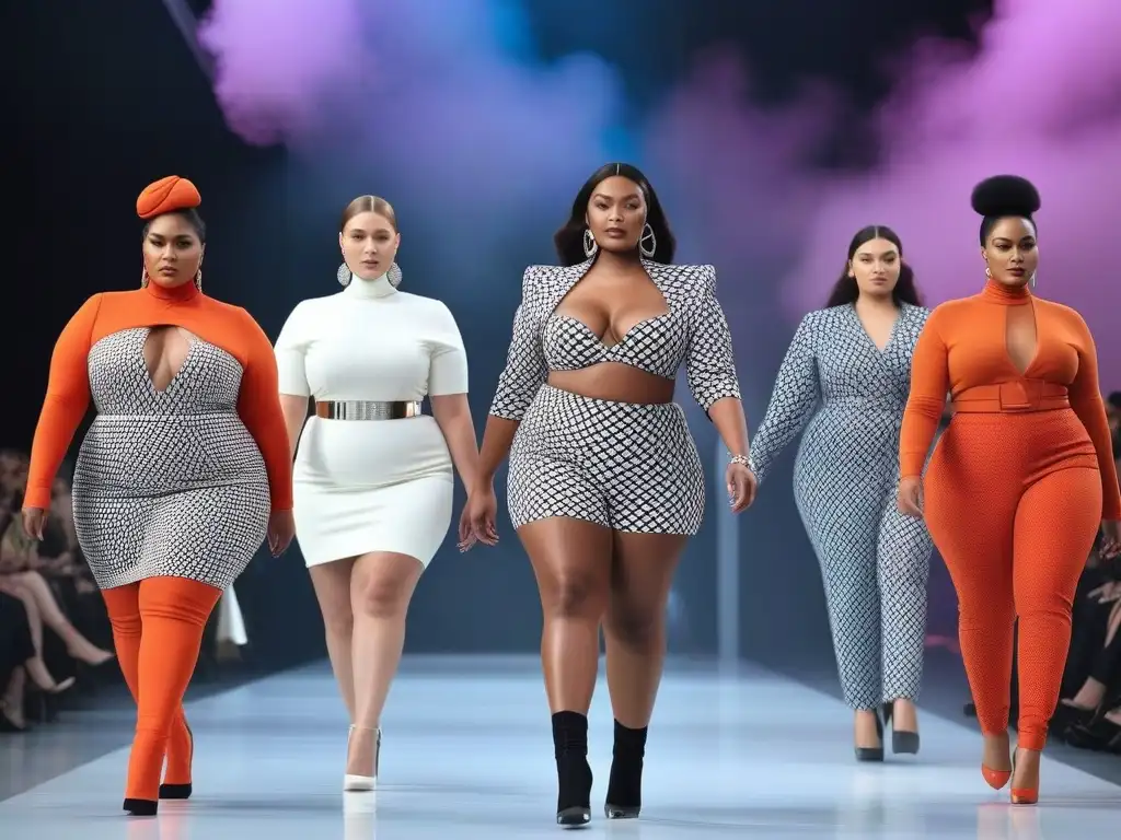 Desfile de moda plus size: modelos seguras desafiando estándares Desfile de moda plus size innovador y vanguardista en una pasarela futurista