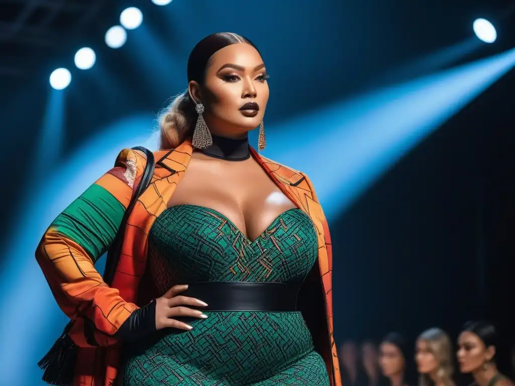 Desfile de moda plussize: diversidad y vanguardia en la pasarela Desfile de moda plus size innovadora con diseños vanguardistas en una pasarela futurista y minimalista