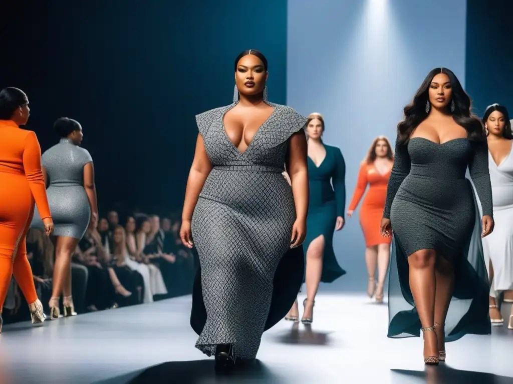 Desfile de moda plussize: empoderamiento y estilo en pasarela Desfile de moda plus size innovadora con modelos seguras y empoderadas luciendo diseños únicos y modernos en una pasarela futurista