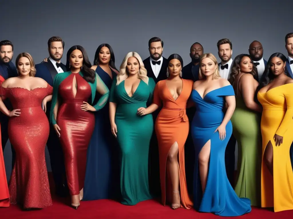 Estrellas plus size desfilan con estilo en alfombra roja Un desfile de moda plus size inspirado, con actores y actrices, radiante y sofisticado en la alfombra roja