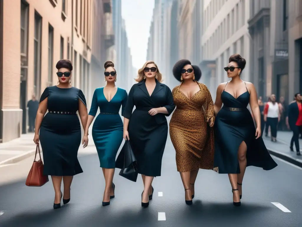 Desfile de modelos de tallas grandes inspirados en personajes icónicos de cine y televisión en la ciudad Un desfile de moda plus size inspirado en icónicos personajes de cine y televisión en una bulliciosa ciudad