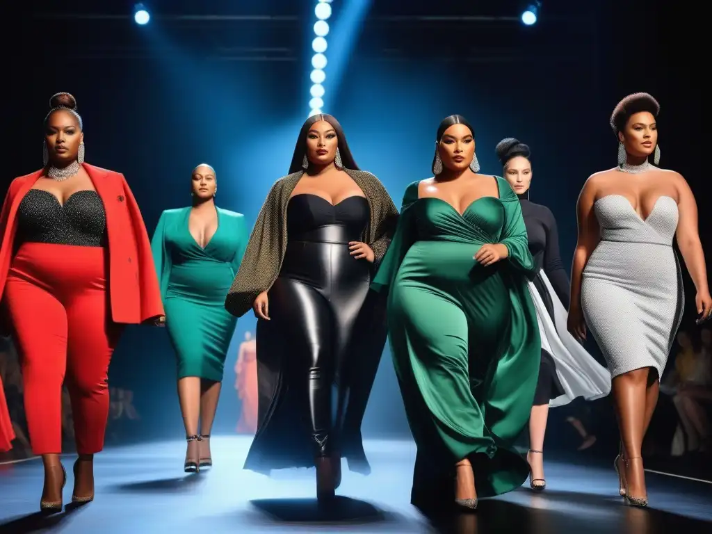 Desfile de moda inclusivo: modelos plus size empoderadas en la pasarela Un desfile de moda inspirador con modelos plussize seguras y elegantes desfilando en la pasarela, desafiando estándares de belleza