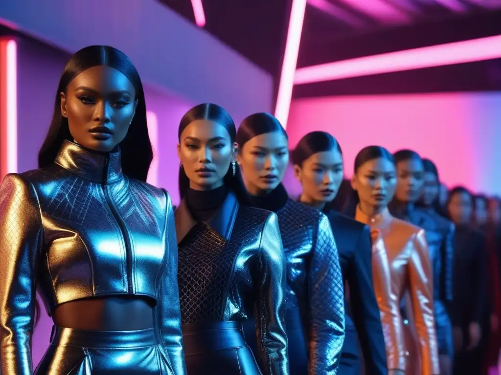 Pasarela de moda inclusiva: diversidad y creatividad en la ciudad futurista Desfile de moda internacional inclusivo con modelos diversos en una pasarela vibrante, en una ciudad futurista al atardecer