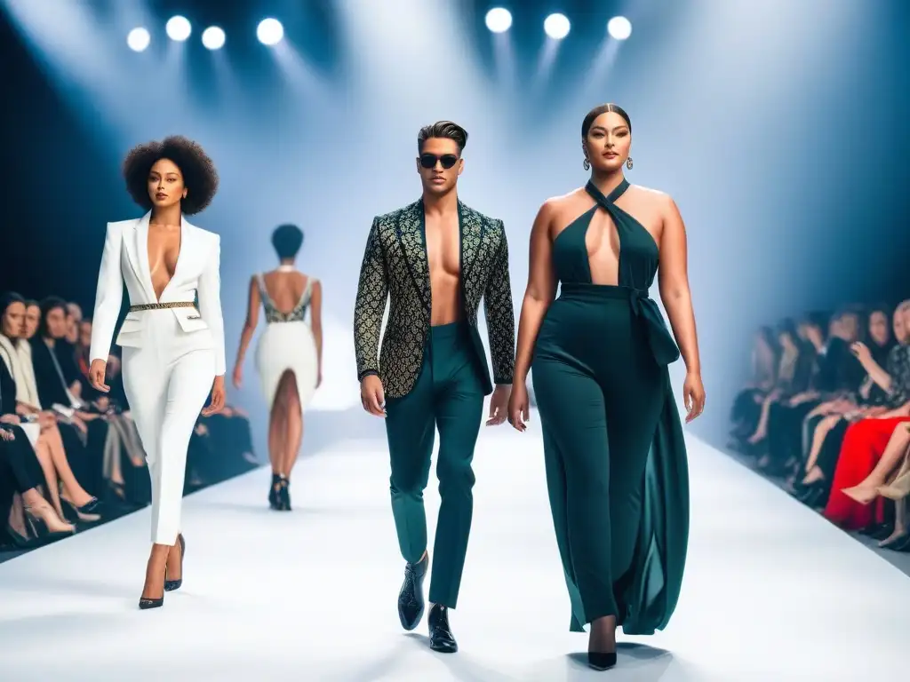 Desfile de moda multicultural: modelos internacionales rompiendo barreras Desfile de moda internacional inclusivo con modelos diversos luciendo diseños modernos y culturales