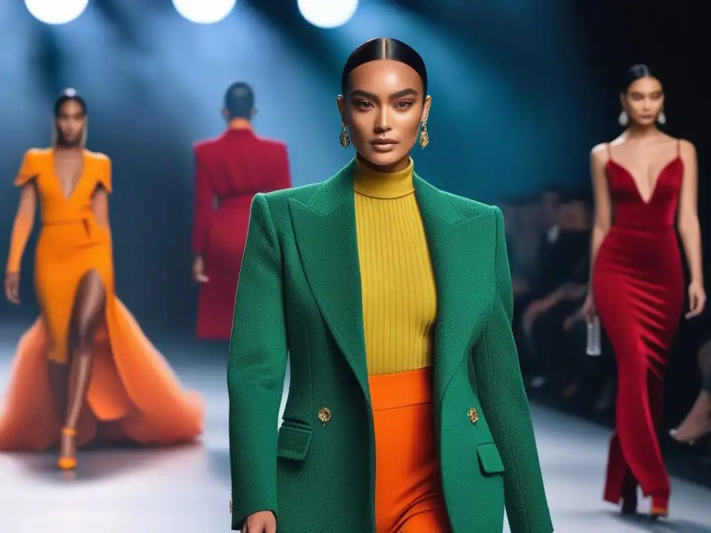 Desfile de moda de lujo: colores vibrantes y piel diversa en 8K Desfile moda de lujo con colores vibrantes que realzan tonos de piel, en una pasarela chic y moderna