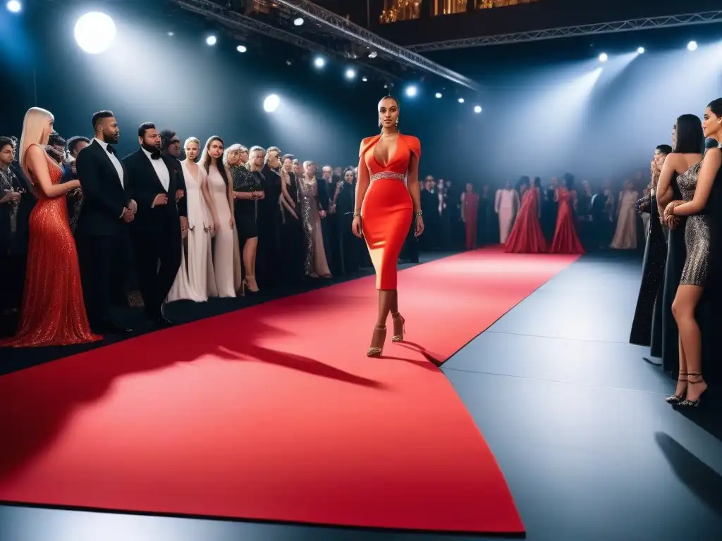 Desfile de moda inclusivo en alfombra roja: diversidad de cuerpos y estilos Desfile de moda de lujo con cuerpos diversos caminando seguros por la alfombra roja en un glamuroso evento