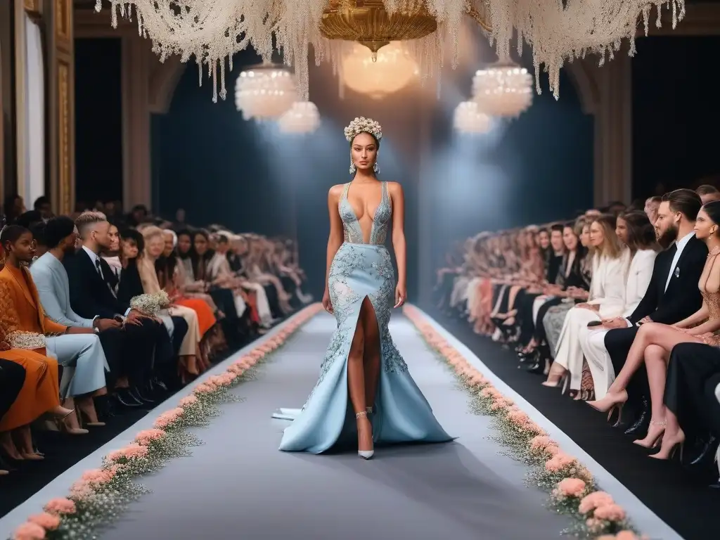 Desfile de moda inclusivo: diversidad y lujo en la pasarela Desfile de moda de lujo inclusiva alta costura con modelos diversos en una pasarela elegante