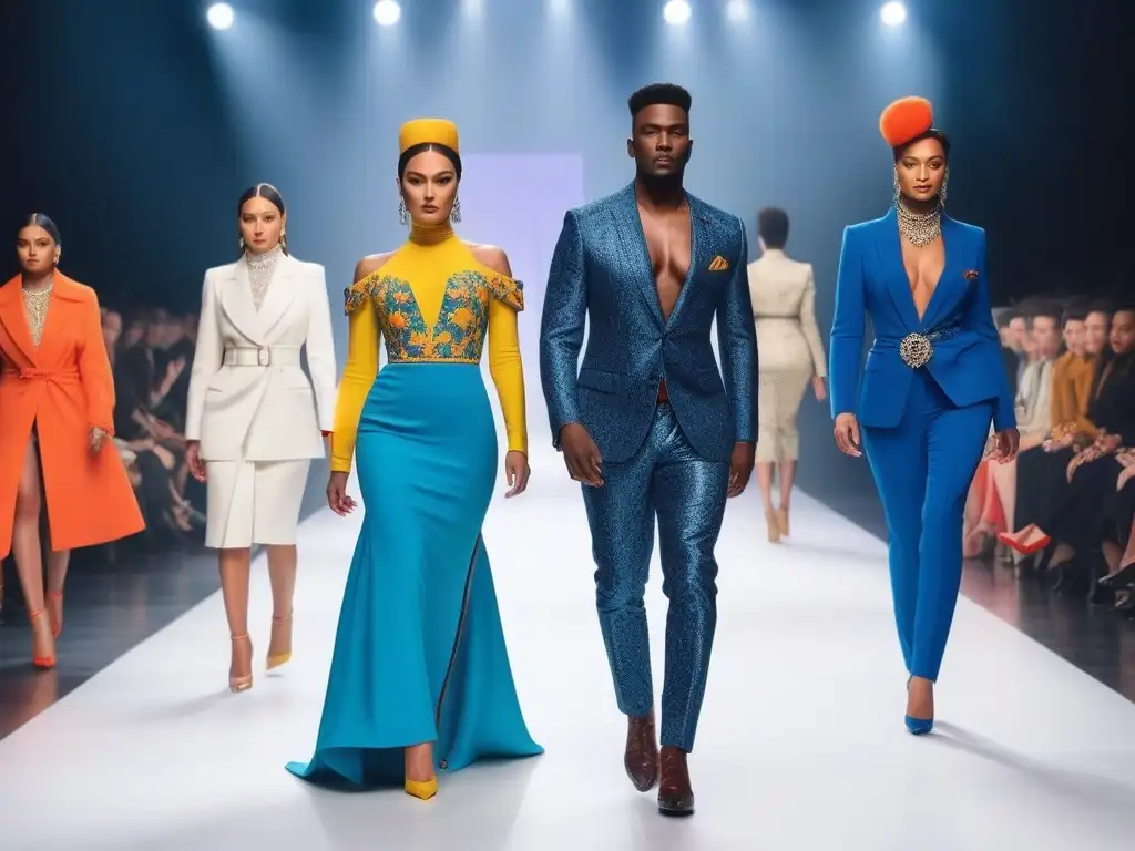 Desfile de moda inclusivo: diversidad y elegancia en pasarela de lujo Desfile de moda de lujo inclusiva y diversa con modelos diversos caminando con confianza en una pasarela lujosa y moderna