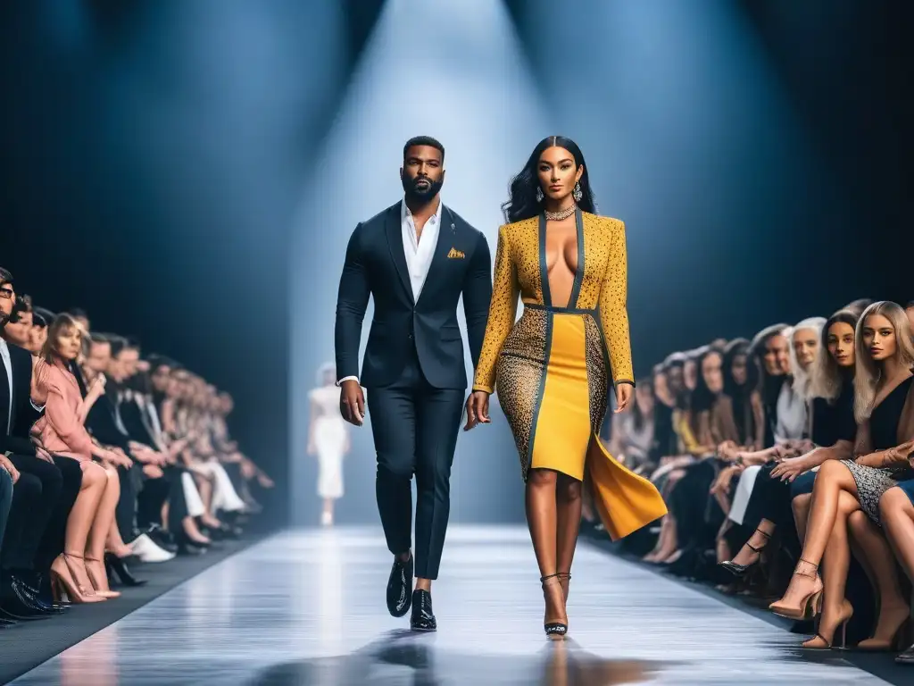 Desfile de moda diverso y inclusivo en pasarela de lujo Desfile de moda de lujo inclusiva y diversa con modelos diversos y elegantes en una pasarela moderna