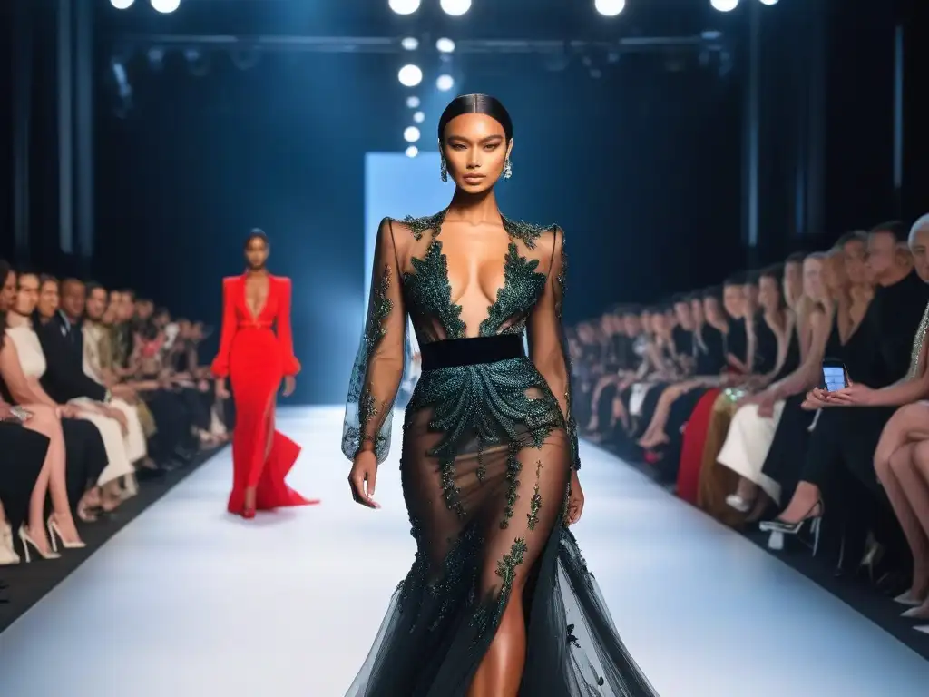 Pasarela de moda inclusiva y diversa Desfile de moda de lujo inclusiva alta costura con modelos diversos caminando con confianza en la pasarela glamorosa