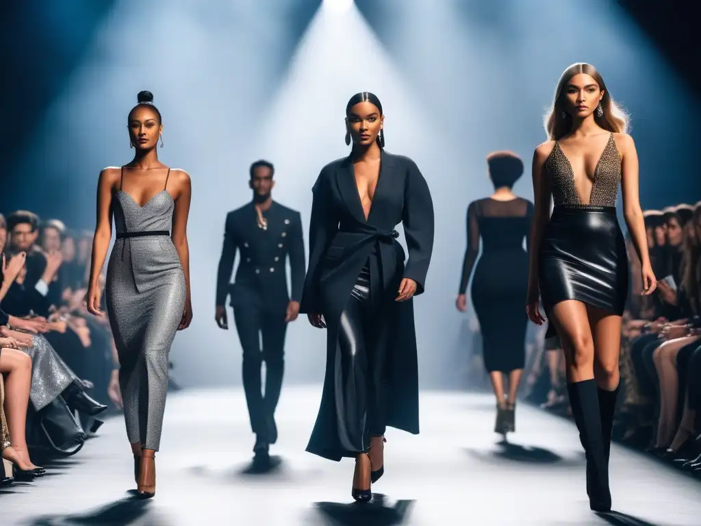 Pasarela de moda inclusiva y lujosa Desfile de moda de lujo inclusiva y exclusiva con modelos diversos mostrando confianza y estilo único en pasarela moderna y luminosa