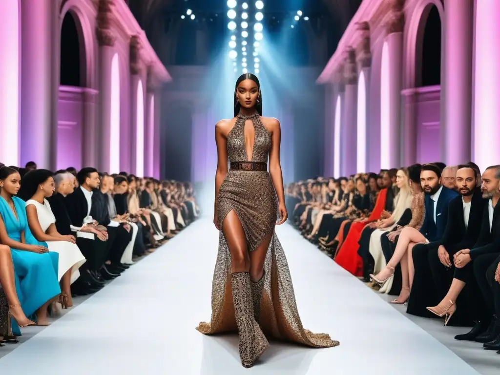 Desfile de moda inclusivo: diversidad y elegancia en la pasarela Un desfile de moda de lujo inclusiva alta costura con modelos diversos exhibiendo elegancia y confianza en una pasarela lujosa