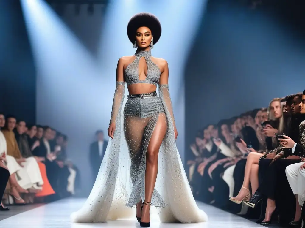 Desfile de moda inclusivo y empoderado: diversidad en alta costura Un desfile de moda de lujo inclusiva alta costura con modelos diversos desfilando con elegancia y empoderamiento en una pasarela moderna