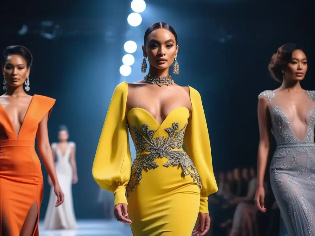 Pasarela de moda inclusiva con modelos diversos Un desfile de moda de lujo inclusiva alta costura con modelos diversos caminando con confianza en la pasarela