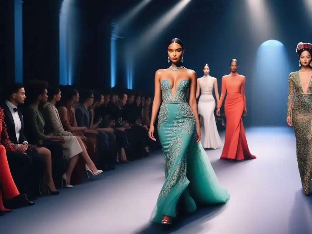 Desfile de moda inclusivo y elegante con modelos diversos en haute couture Desfile de moda de lujo inclusiva alta costura con modelos diversos desfilando con elegancia y estilo innovador