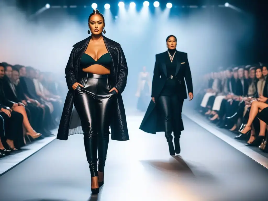 Desfile de moda inclusivo y elegante: diversidad de cuerpos y estilos Desfile de moda de lujo a medida con diversidad de cuerpos y etnias, elegancia y brillo en la pasarela
