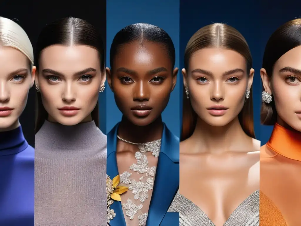 Desfile de moda: diversidad de tonos y lujo Desfile de moda de lujo con modelos de distintos tonos de piel, luciendo colores vibrantes y elegantes