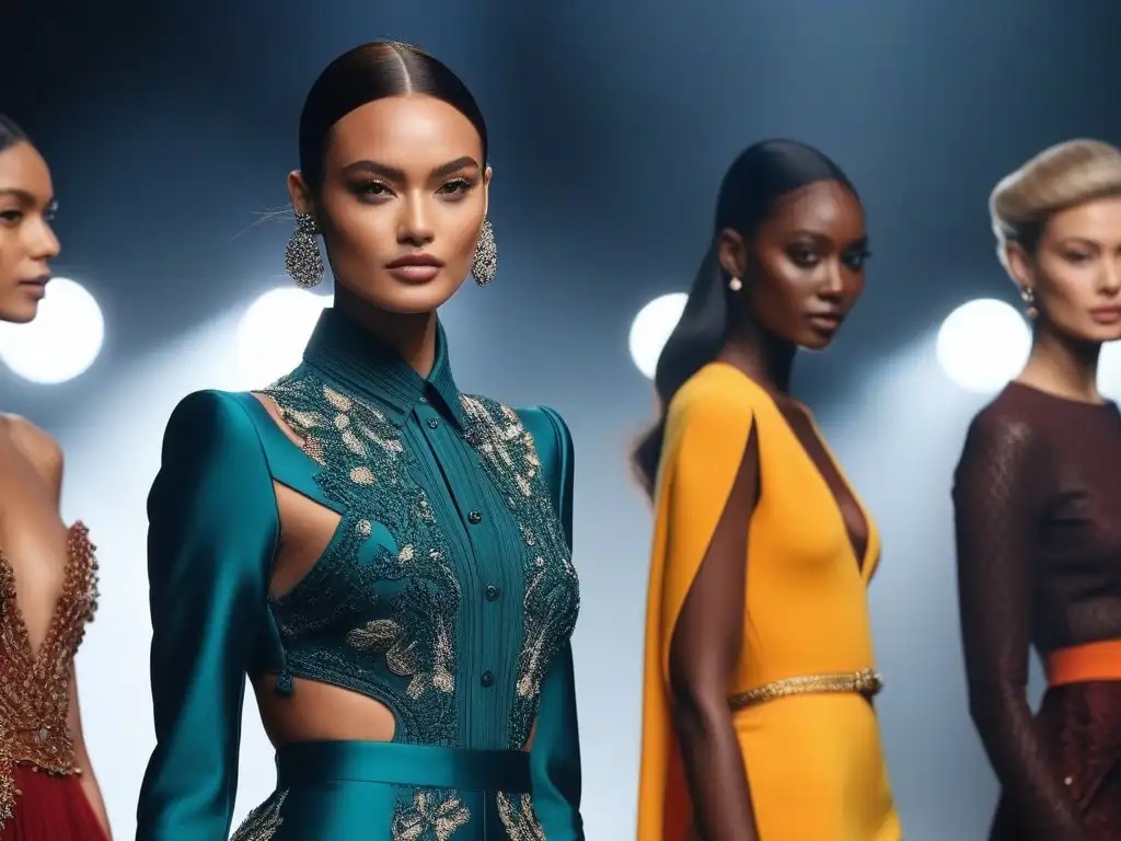 Desfile de moda de lujo: diversidad de tonos y estilo Desfile de moda de lujo con modelos de diversos tonos de piel luciendo elegantes atuendos que resaltan la paleta de colores de la temporada