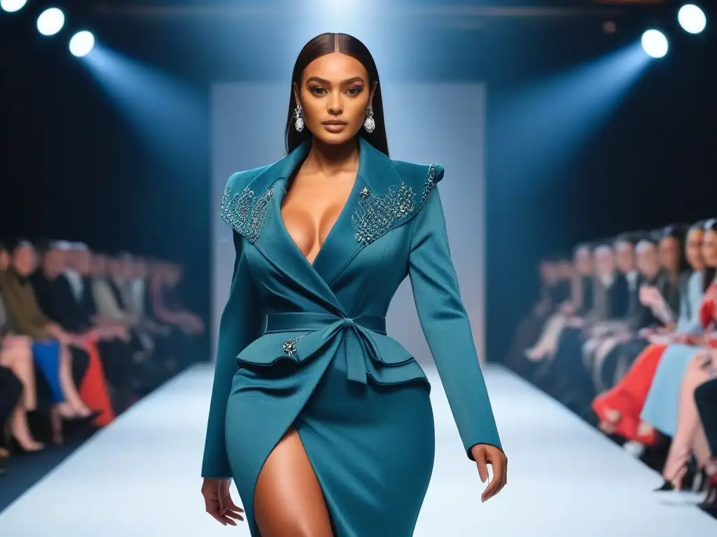 Desfile de moda inclusivo: Celebrando la diversidad de cuerpos con estilo Desfile de moda de lujo con siluetas inclusivas desfilando con confianza y elegancia en una pasarela brillante y moderna