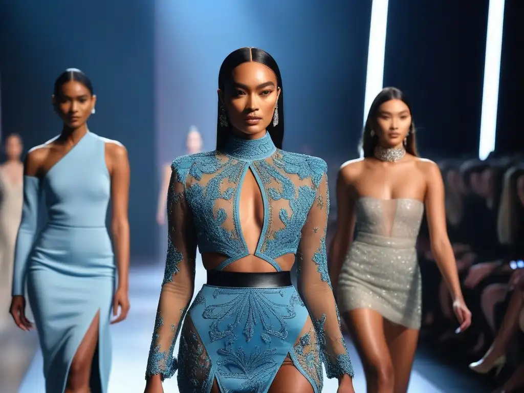 Pasarela de moda inclusiva: diversidad de modelos desfilando con confianza Desfile de moda de lujo con siluetas inclusivas desfilando con confianza en una pasarela elegante
