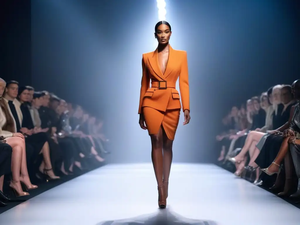 Desfile de moda inclusivo: elegancia para todos los cuerpos Desfile de moda de lujo con siluetas inclusivas en pasarela futurista con modelos diversos exudando confianza y gracia