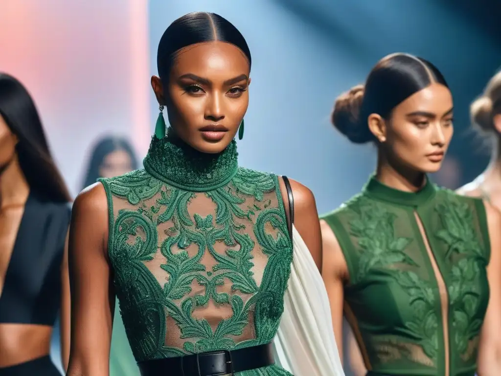 Desfile de moda sostenible: diversidad y empoderamiento Desfile de moda lujo sostenible con modelos diversos empoderados en pasarela futurista