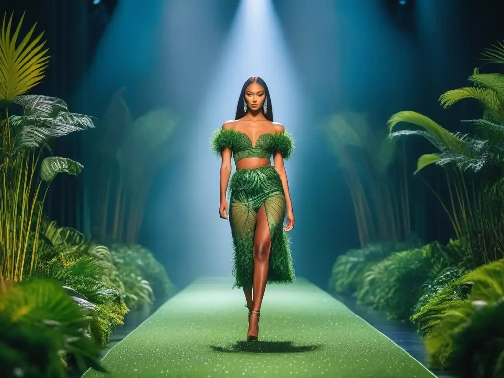 Moda sostenible: Pasarela eco chic con diversidad y lujo Desfile de moda de lujo sostenible con marcas inclusivas, modelos diversos y materiales ecofriendly en una pasarela vibrante