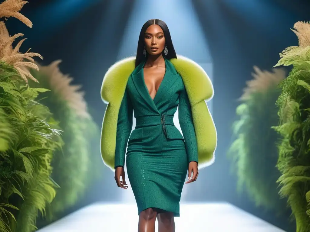 Desfile de moda sostenible: diversidad y lujo eco en la pasarela Desfile de moda lujo sostenible con marcas inclusivas: modelos diversos desfilan con confianza en una pasarela futurista y ecoamigable