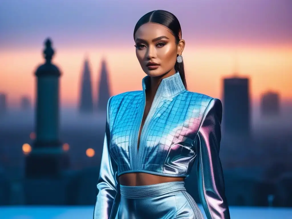 Pasarela de moda sostenible y diversa en ciudad futurista al atardecer Desfile de moda de lujo sostenible con marcas inclusivas, modelos diversos en una pasarela futurista al atardecer