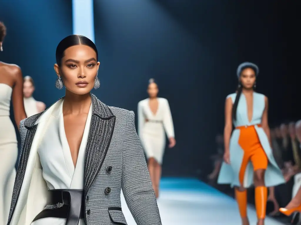 Desfile de moda sostenible: diversidad, lujo y ecoamigable Desfile de moda lujo sostenible con modelos diversos de todas las edades y tallas, representando marcas inclusivas en pasarela futurista