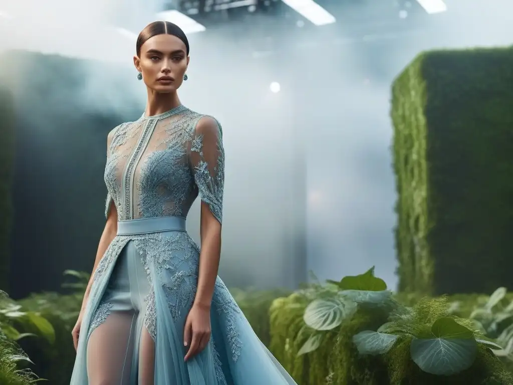 Desfile de moda sostenible: elegancia ecoinnovadora Desfile de moda de lujo sostenible en un entorno futurista y minimalista, con modelos elegantes luciendo diseños ecoamigables