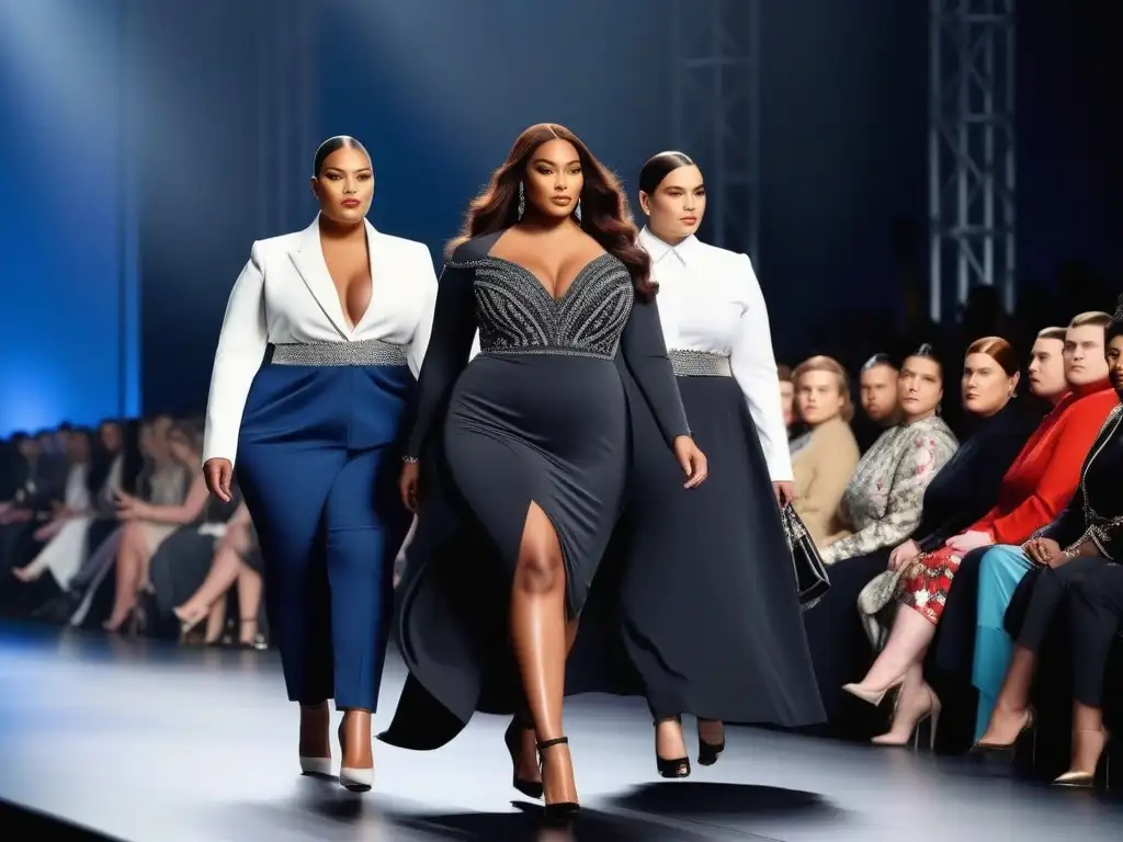 Un desfile de moda de lujo tallas grandes inclusiva con modelos seguras y elegantes en una pasarela chic iluminada