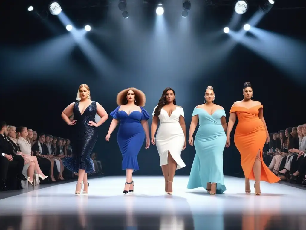 Desfile de moda lujo tallas grandes inclusiva con modelos seguras y elegantes en pasarela moderna