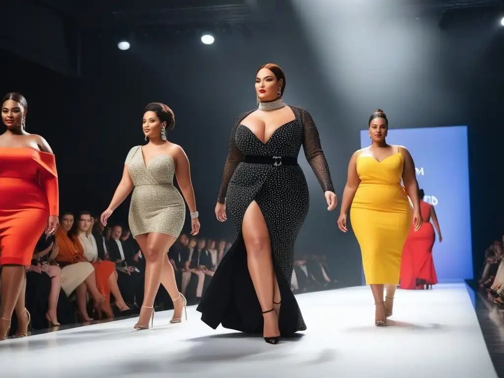 Desfile de moda plus size: elegancia y diversidad en la pasarela Desfile de moda lujo tallas altas exclusivas con modelos seguras y elegantes mostrando diseños únicos y glamurosos en una pasarela luminosa