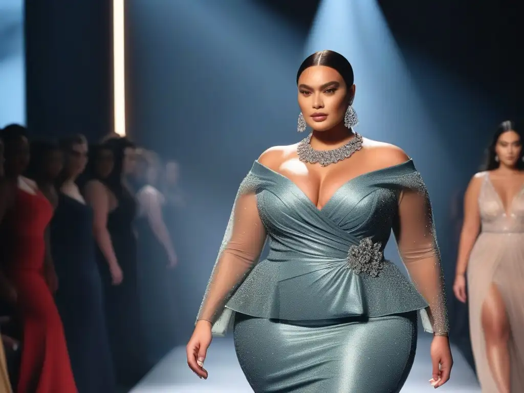 Desfile de moda lujo tallas grandes inclusiva con modelos seguras y elegantes en pasarela chic