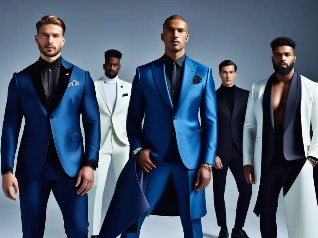 Diseños de moda inclusiva en hombres diversos en escenario futurista Un desfile de moda masculina inclusiva en un escenario futurista, donde la tecnología y la transformación se fusionan con la diversidad de hombres