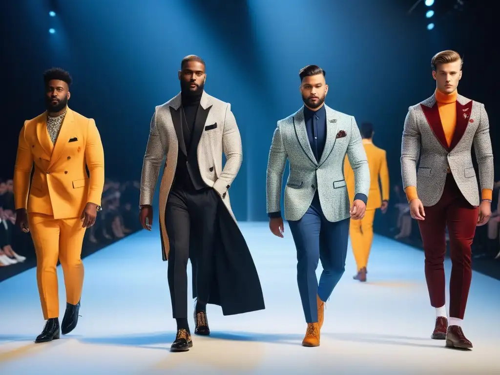 Desfile de moda masculina inclusivo y vibrante Desfile de moda masculina inclusiva con modelos diversos y espectadores entusiastas en una pasarela vibrante