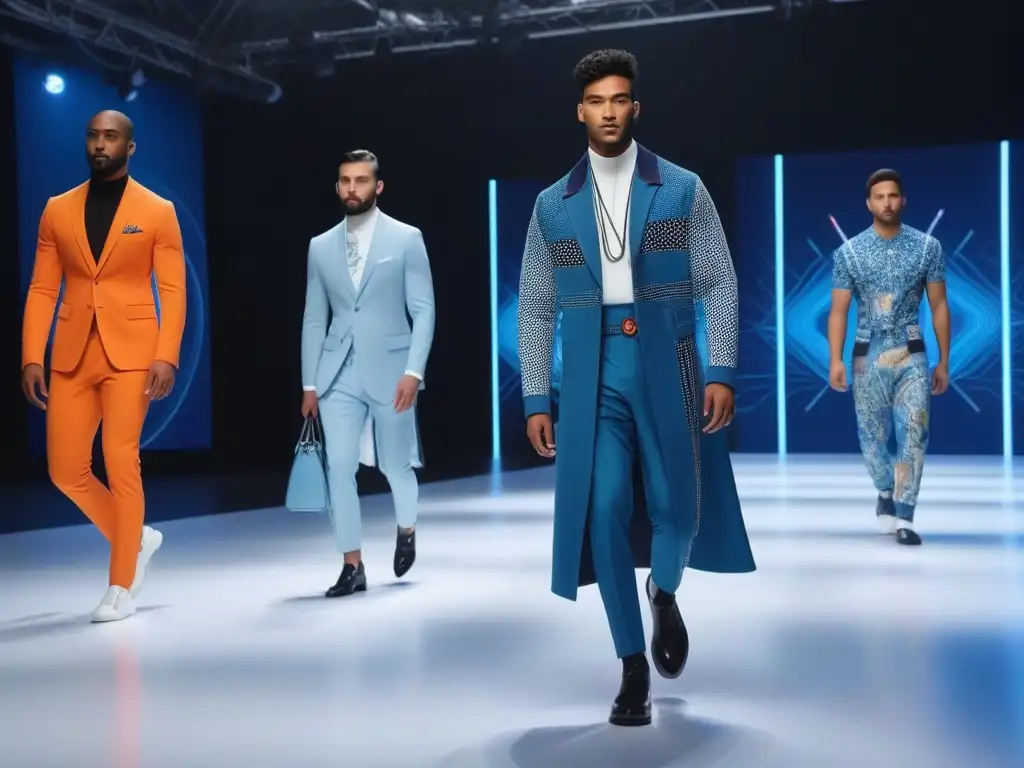 Pasarela futurista: moda masculina inclusiva y tecnológica Desfile de moda masculina inclusiva con toque tecnológico y transformador