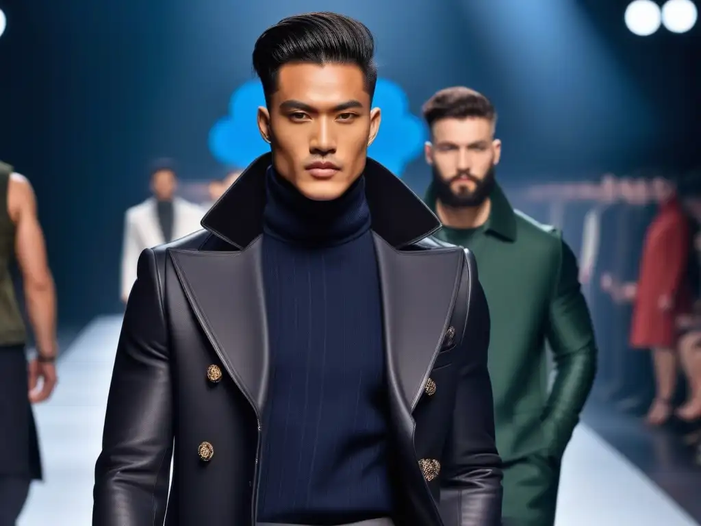 Desfile futurista: hombres diversos deslumbran con moda inclusiva Desfile de moda masculina inclusiva con hombres diversos en una pasarela futurista