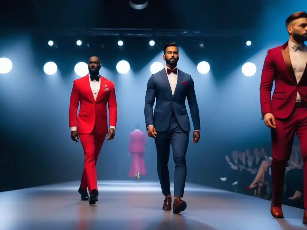 Desfile de moda inclusivo con hombres seguros y elegantes Un desfile de moda masculina inclusiva en eventos formales con hombres diversos luciendo trajes elegantes y modernos en la pasarela