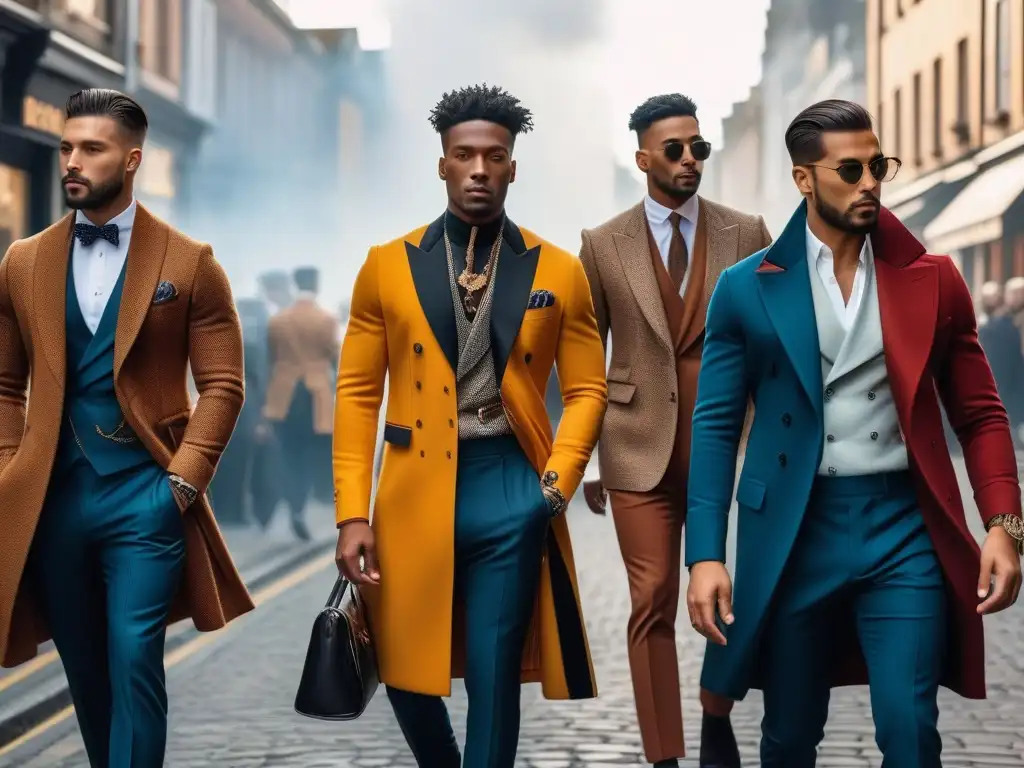 Moda multicultural: hombres elegantes de diversas culturas desfilan por la ciudad Un desfile de moda masculina inclusiva de diferentes culturas en la ciudad