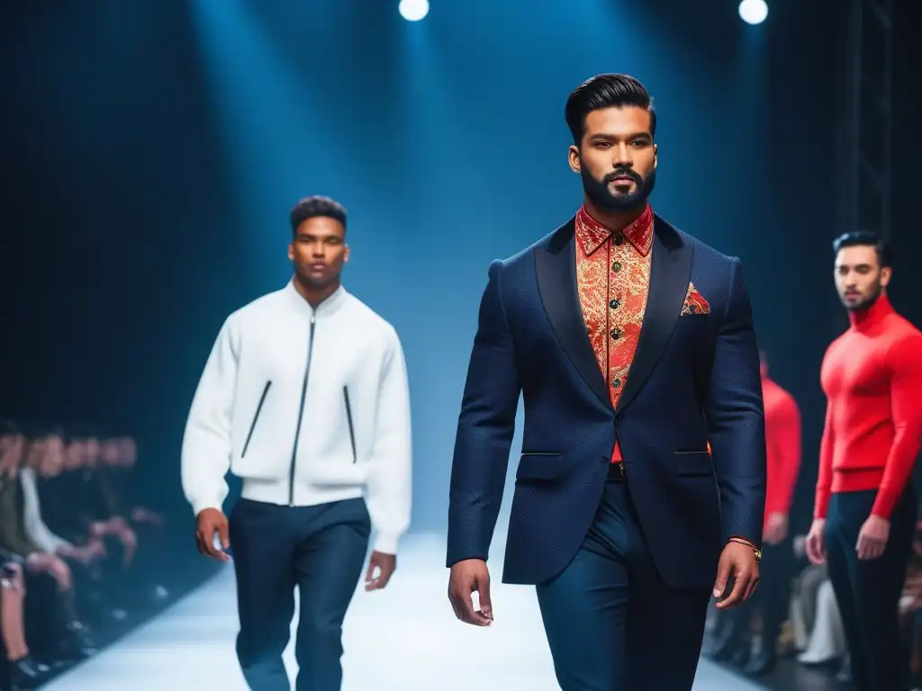 Desfile inclusivo: moda rompiendo estereotipos Desfile de moda masculina inclusiva y diversa con modelos seguros y únicos en una pasarela moderna y brillante