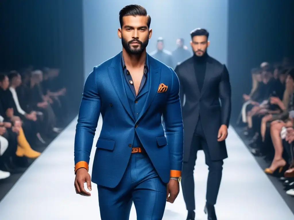 Desfile de moda masculina inclusiva con modelos diversos caminando con confianza en una pasarela moderna y elegante