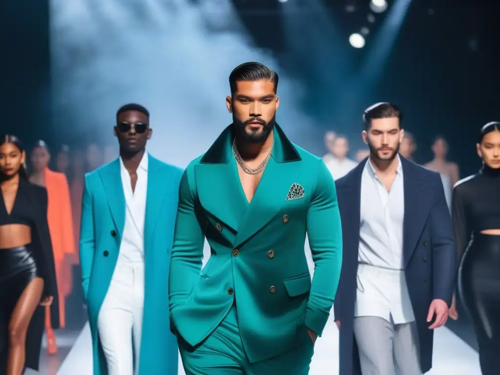 Desfile de moda masculina inclusivo: diversidad y estilo en la pasarela Un desfile de moda masculina inclusiva con modelos de diferentes etnias y estilos caminando con confianza