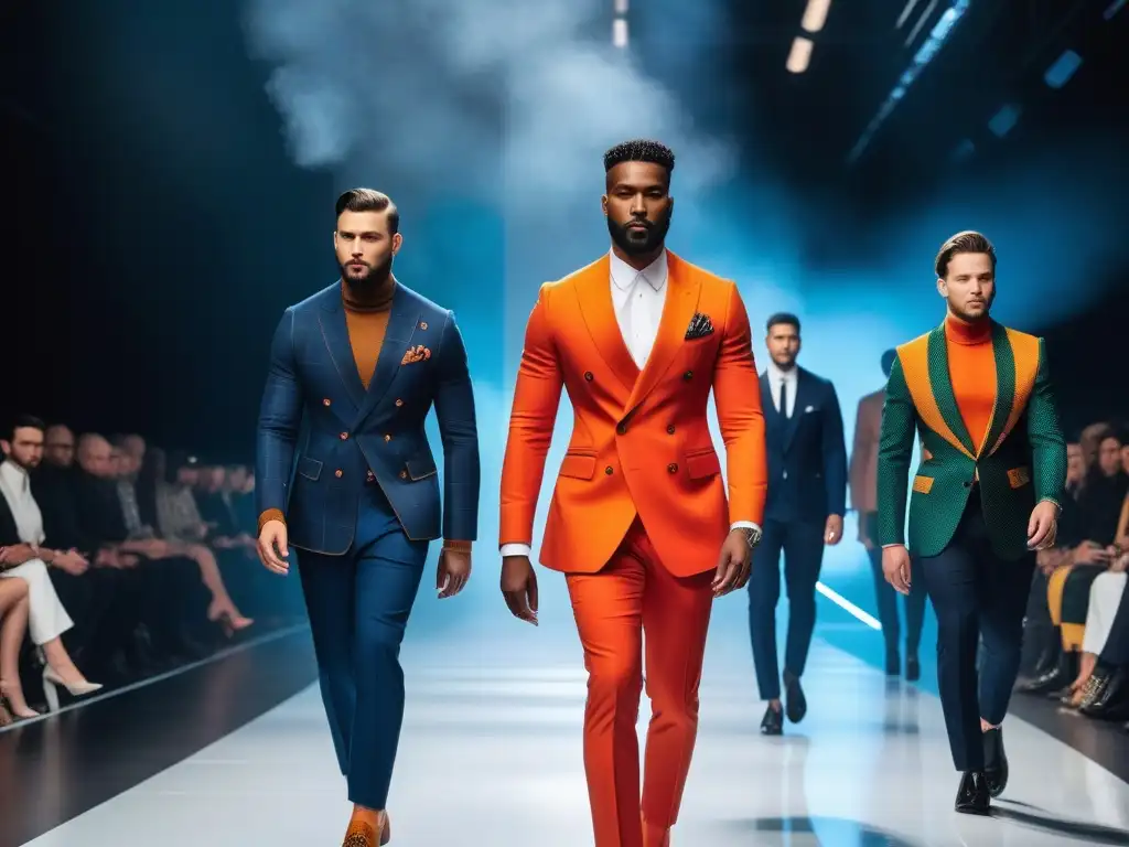 Desfile de moda masculina inclusiva y futurista Desfile de moda masculina inclusiva con hombres diversos luciendo tendencias futuristas y empoderadas en una pasarela moderna