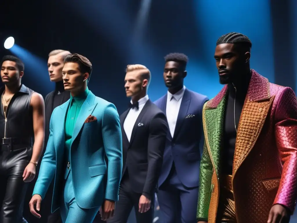 Desfile de moda inclusivo: diversidad y empoderamiento en la pasarela Desfile de moda masculina inclusiva con tendencias predicciones, modelos diversos luciendo diseños innovadores en una pasarela futurista